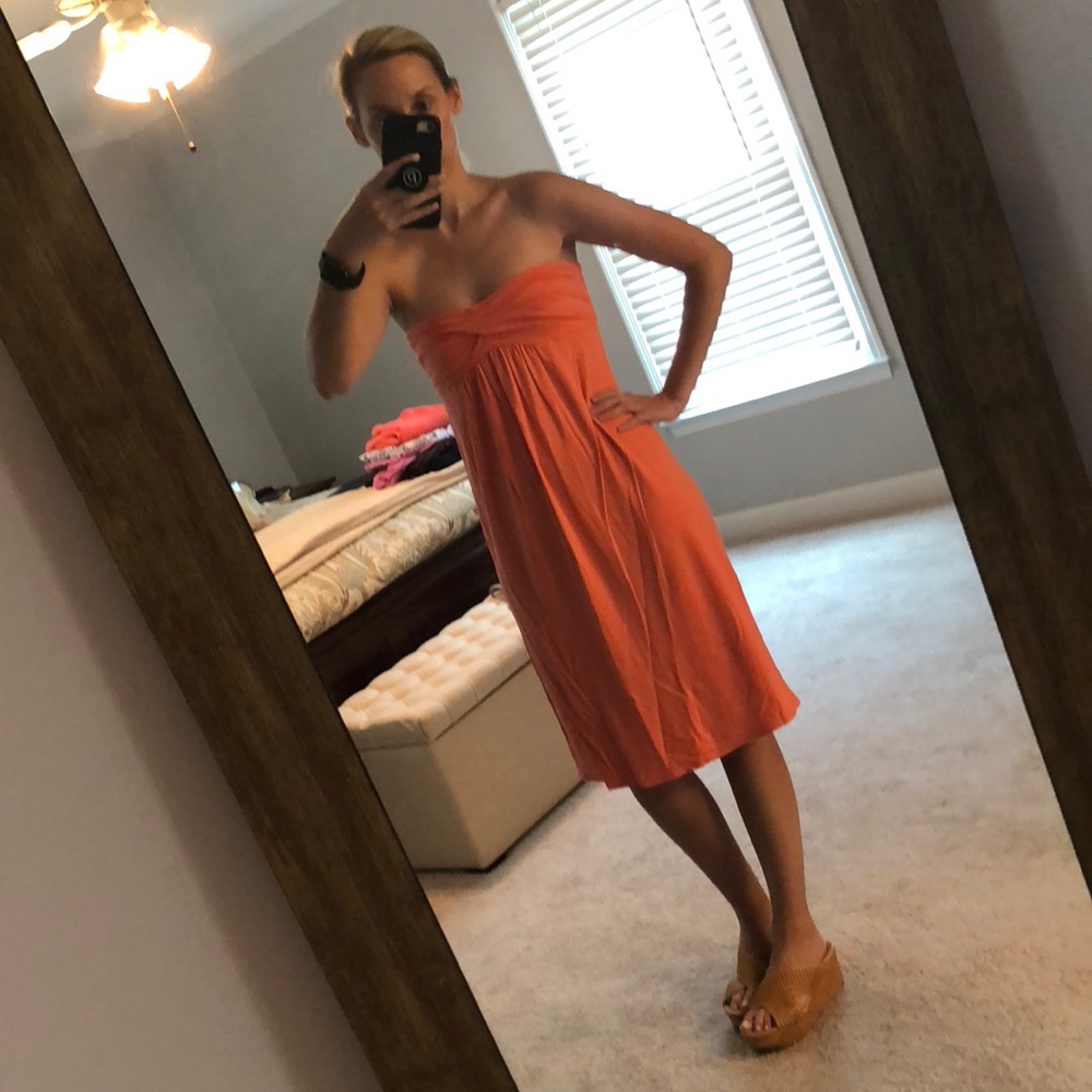 Coral strapless dress with ruching